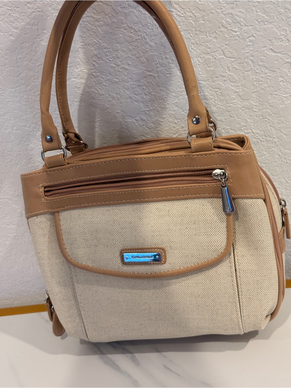 Canvas and Tan Faux Leather Tote Bag